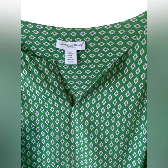 Carolina Belle Green White Blouse Side Ruched Puff Sleeves Top - Medium - Picture 2 of 5